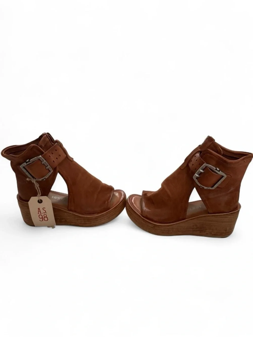 A.S.98 Tan Brown Leather Open-Toe Wedge Sandals with Buckle - Picture 3 of 5